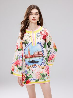 Spring And Autumn Print V Neck Long Sleeved Dress For Women