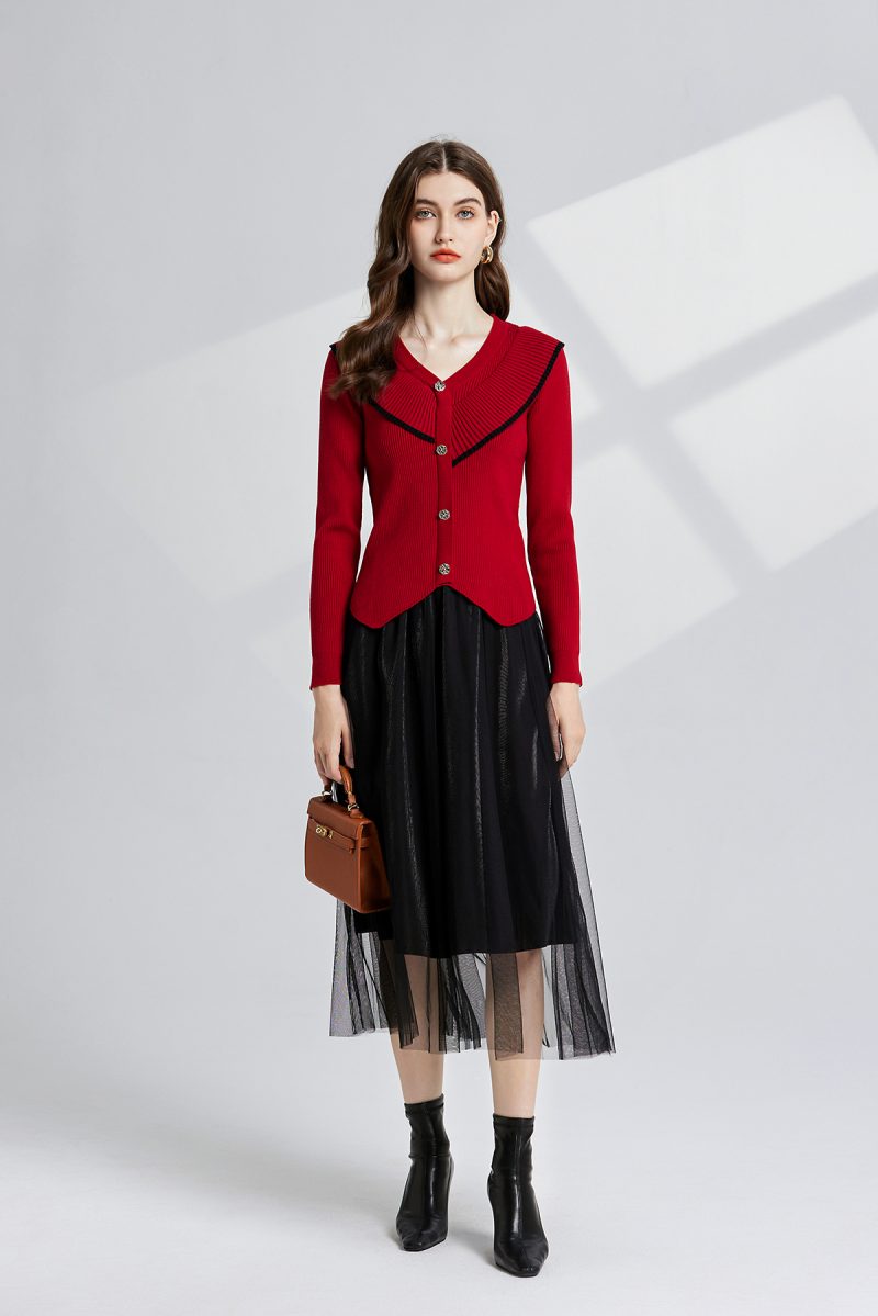 Women Spring and Autumn V Neck Single Knit Cardigan Mesh Skirt Two Piece Set