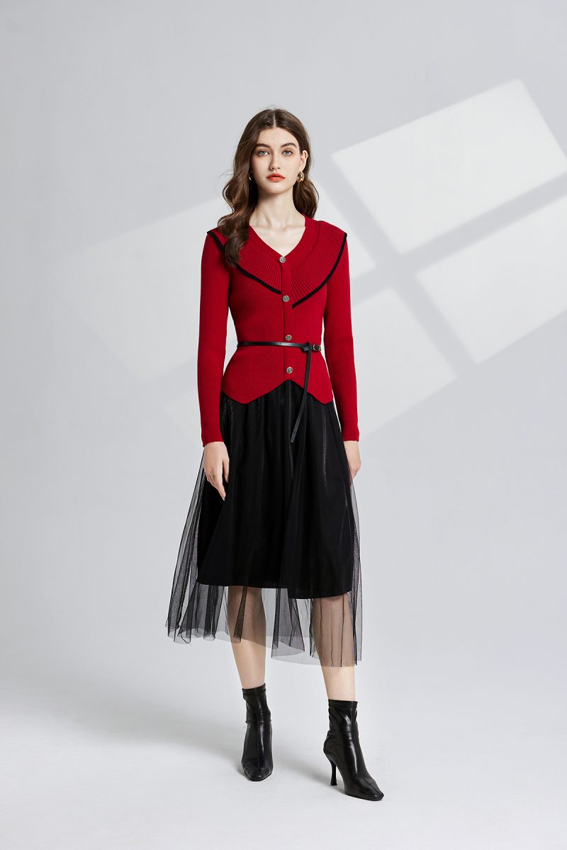 Women Spring and Autumn V Neck Single Knit Cardigan Mesh Skirt Two Piece Set - Image 2