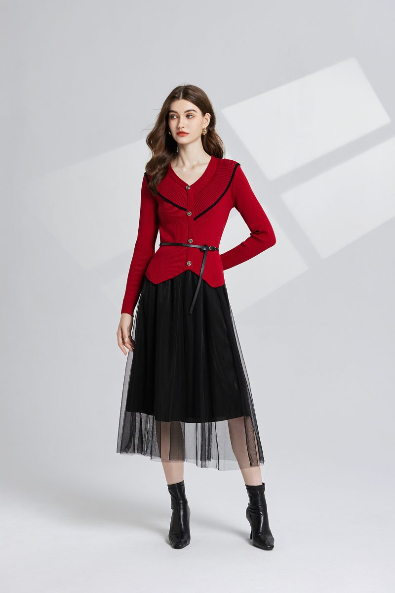 Women Spring and Autumn V Neck Single Knit Cardigan Mesh Skirt Two Piece Set - Image 3