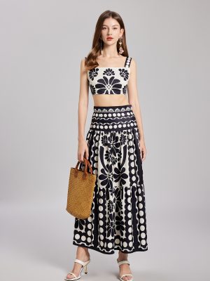 Black and White Flower Camisole and High Waist Skirt Two-Piece Set