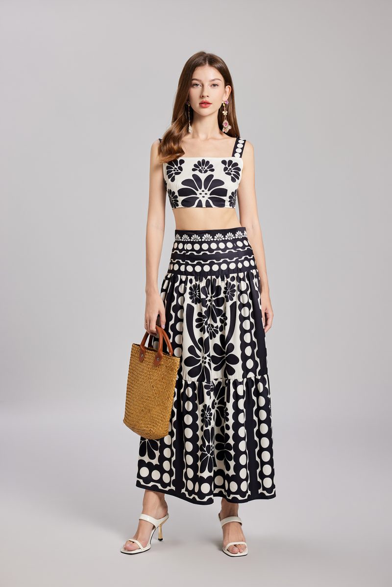 Black and White Flower Camisole and High Waist Skirt Two-Piece Set