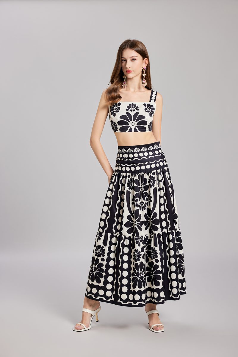 Black and White Flower Camisole and High Waist Skirt Two-Piece Set - Image 3