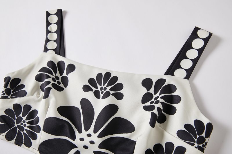 Black and White Flower Camisole and High Waist Skirt Two-Piece Set - Image 6