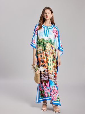 Vintage Positioning Printed Round Neck Split Long Sleeve Distinctive Dress