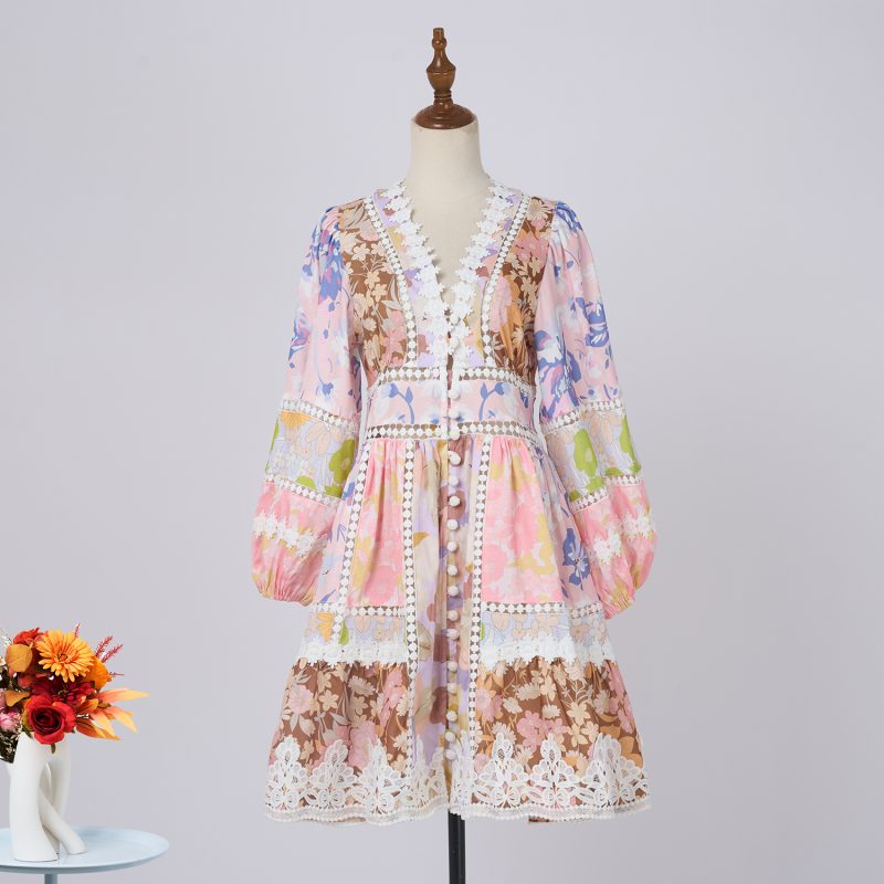 Sweet Linen Pattern Patchwork Lace Trim V Neck Dress