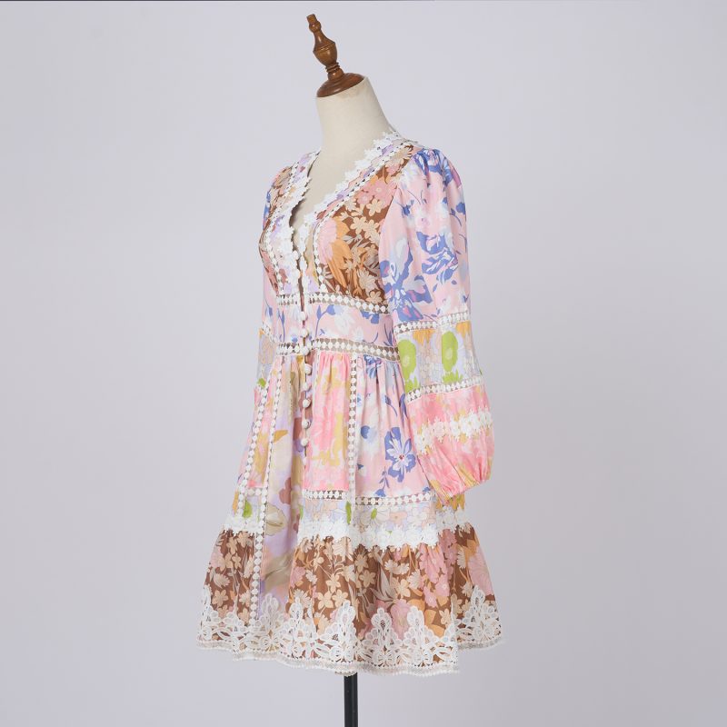 Sweet Linen Pattern Patchwork Lace Trim V Neck Dress - Image 2