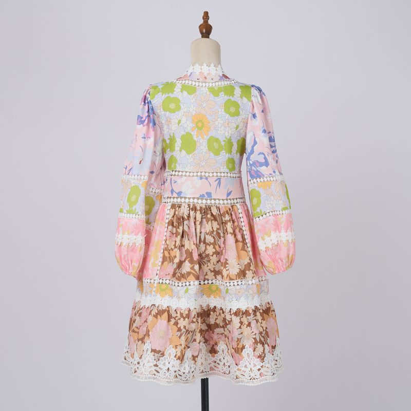 Sweet Linen Pattern Patchwork Lace Trim V Neck Dress - Image 3