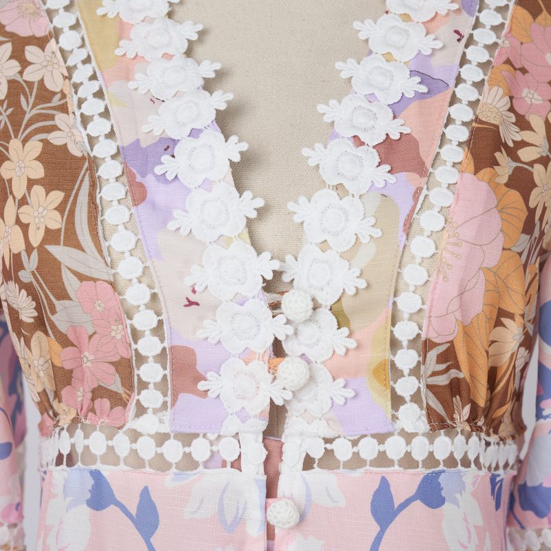 Sweet Linen Pattern Patchwork Lace Trim V Neck Dress - Image 5