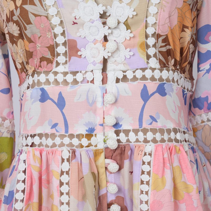 Sweet Linen Pattern Patchwork Lace Trim V Neck Dress - Image 6
