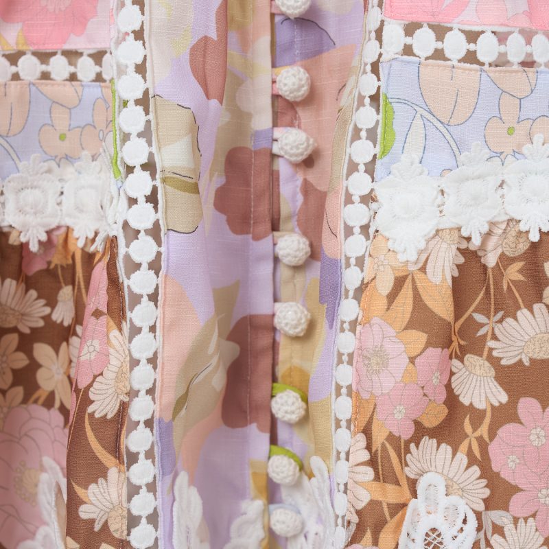 Sweet Linen Pattern Patchwork Lace Trim V Neck Dress - Image 8