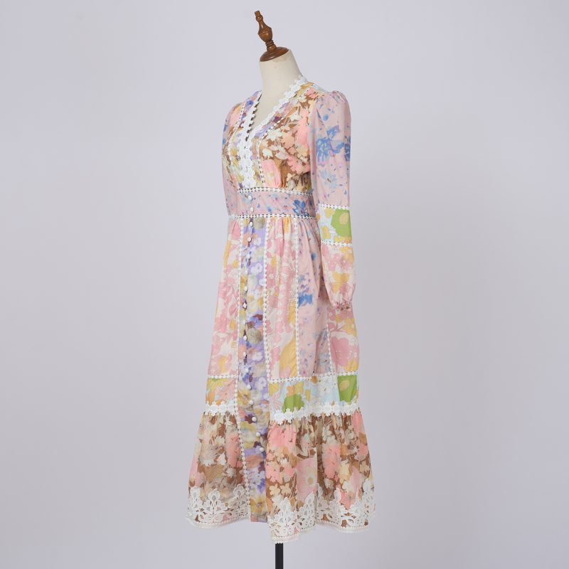 Vintage Palace Style Hollow Lace V Neck Lantern Sleeve Dress - Image 2