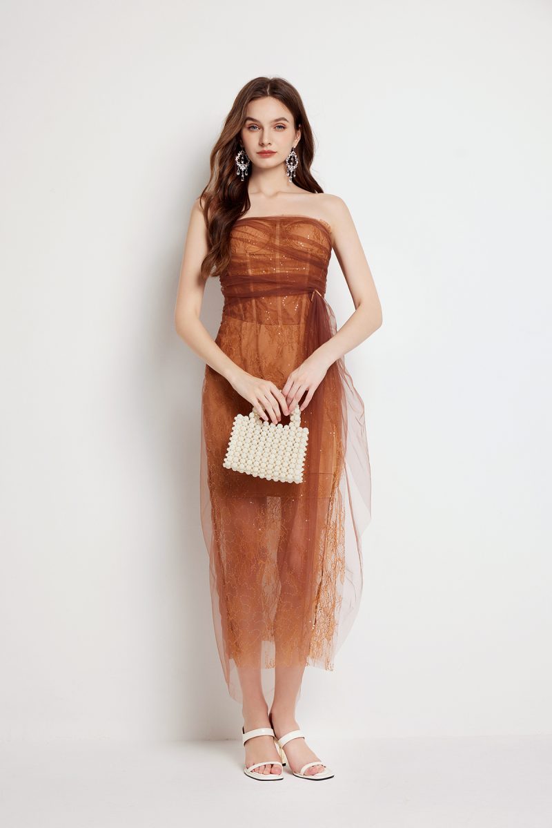 Women Summer Fishbone Lace Gauze Slit Slim Sexy Dress - Image 3