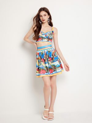 Women Summer Color Contrast Chest Halter Skirt Two Piece Set