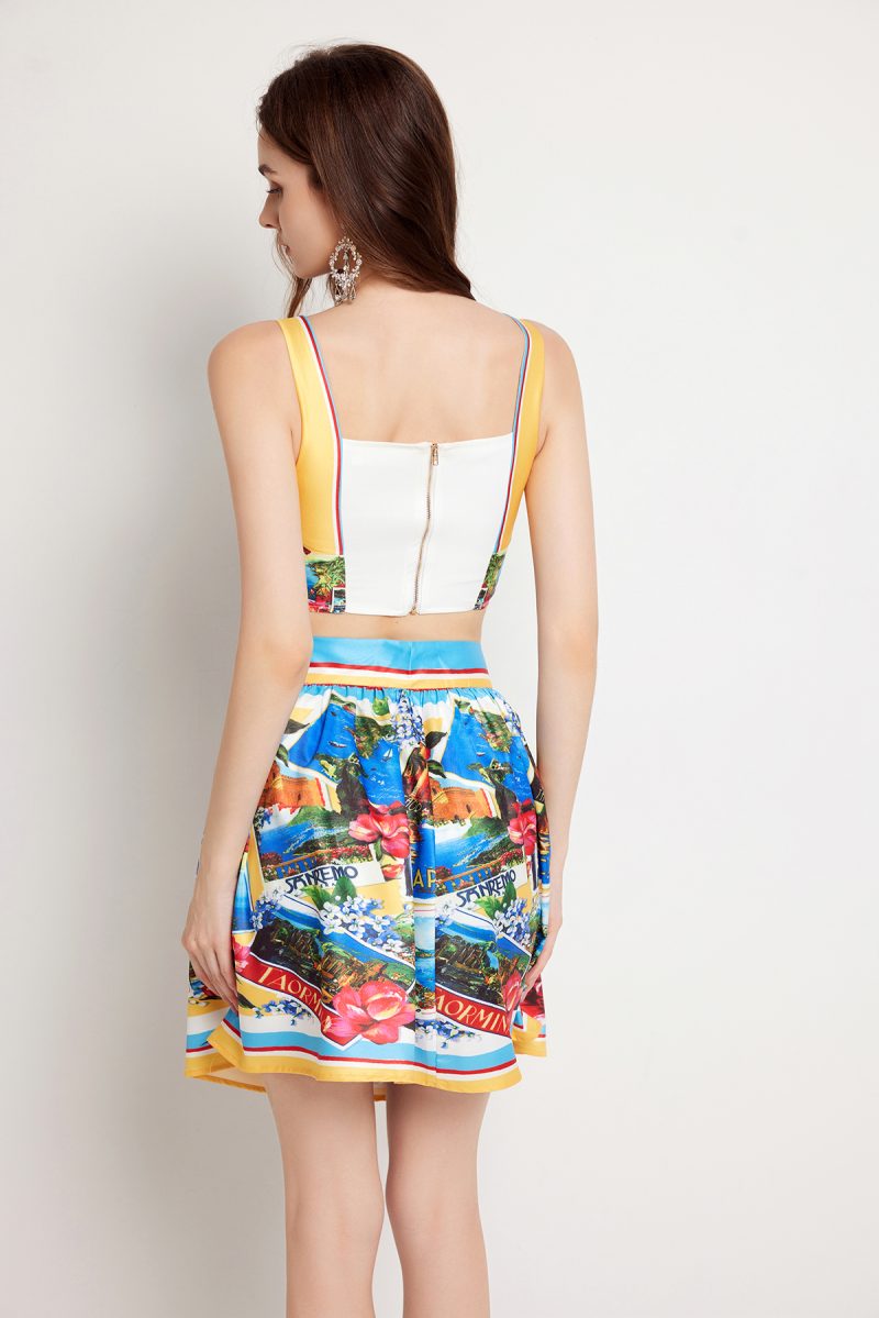 Women Summer Color Contrast Chest Halter Skirt Two Piece Set - Image 4