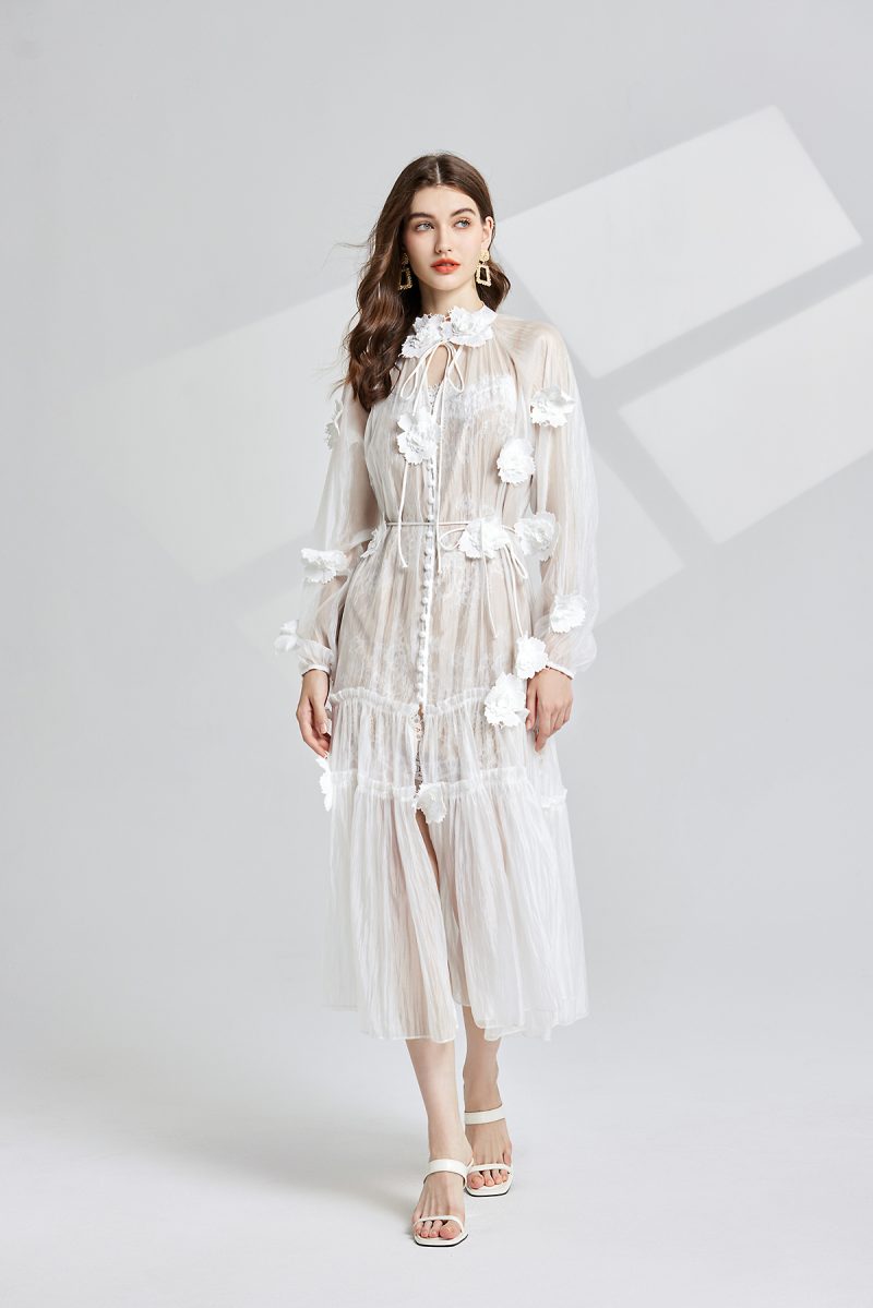 Women Three Dimensional Flower Embroidery Lace Two Piece Set Dress - Image 2