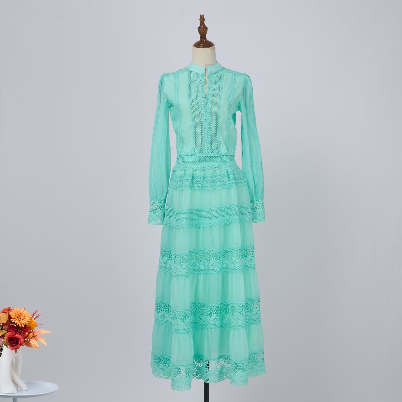 Chic Solid Color Organza Lace Top & High Waist Draped Skirt Set