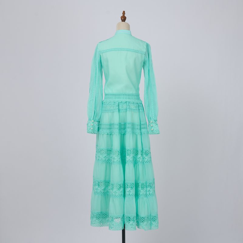 Chic Solid Color Organza Lace Top & High Waist Draped Skirt Set - Image 3