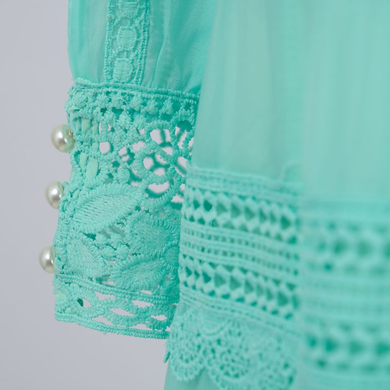 Chic Solid Color Organza Lace Top & High Waist Draped Skirt Set - Image 15