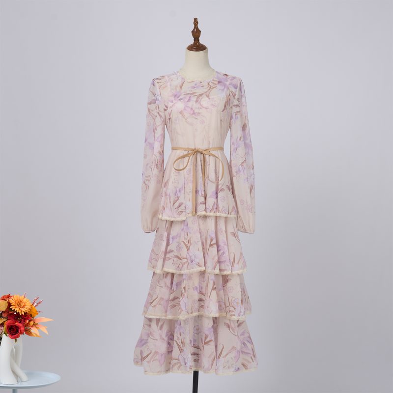 Iris Pattern Cake Dress – Ruffled Layer Chiffon Midi Gown