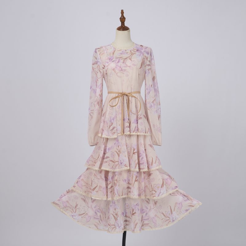 Iris Pattern Cake Dress – Ruffled Layer Chiffon Midi Gown - Image 2