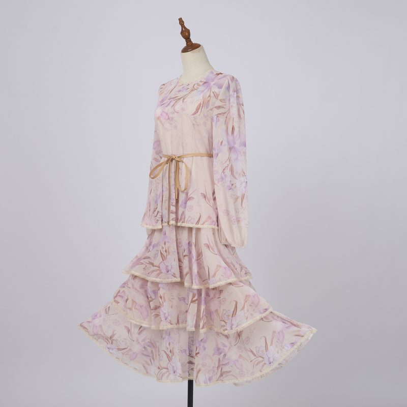 Iris Pattern Cake Dress – Ruffled Layer Chiffon Midi Gown - Image 3