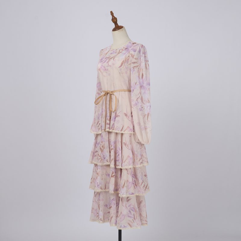 Iris Pattern Cake Dress – Ruffled Layer Chiffon Midi Gown - Image 4