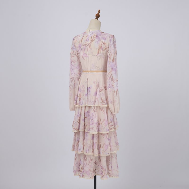 Iris Pattern Cake Dress – Ruffled Layer Chiffon Midi Gown - Image 5