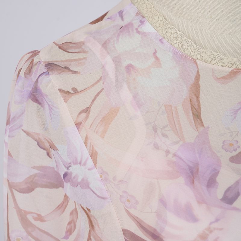 Iris Pattern Cake Dress – Ruffled Layer Chiffon Midi Gown - Image 7