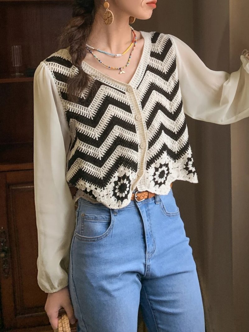 Women Spring and Autumn Spliced Back Long Sleeved Cardigan - Image 2