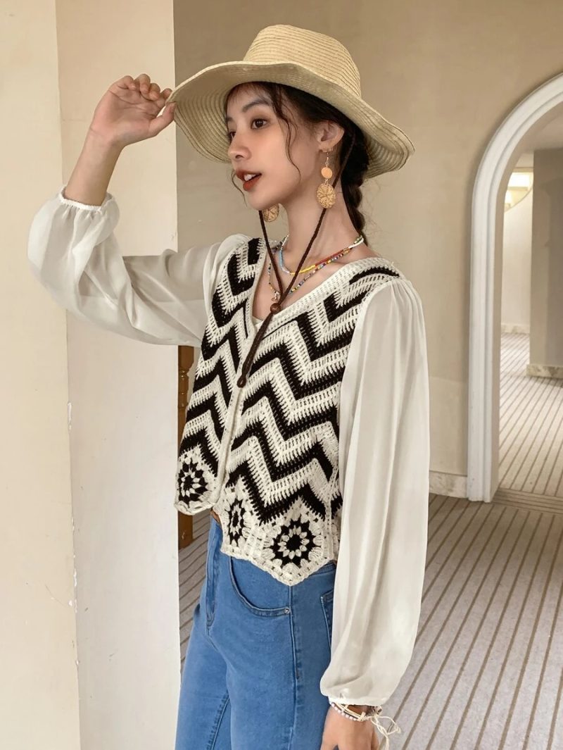 Women Spring and Autumn Spliced Back Long Sleeved Cardigan - Image 4