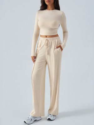 Women’s Round Neck Long Sleeve Top & Wide Leg Pants Set