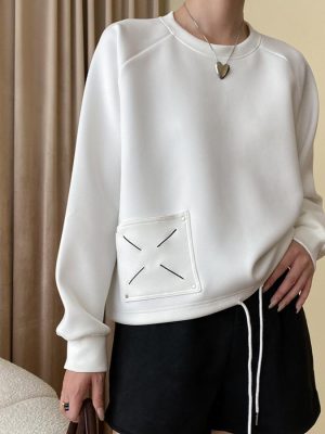 Tone Embroidery Drawstring Sweatshirt: Loose Raglan Sleeve Casual Top