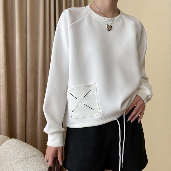 Tone Embroidery Drawstring Sweatshirt: Loose Raglan Sleeve Casual Top