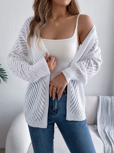 Casual Solid Color Hollow Out Cutout Long Sleeve Cardigan Sweater Coat for Women