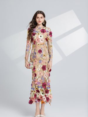 Spring And Autumn Embroidery Three Dimensional Flower Waist Long Sleeve Dress Long Dress