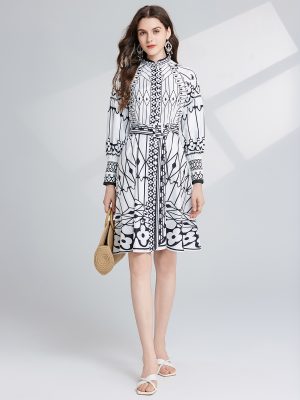 Women Spring and Autumn Long Sleeve Printed Stand Collar A-Line Dress