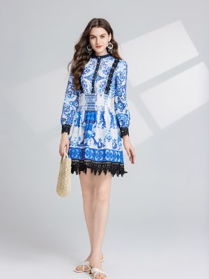 Women Spring and Autumn Long Sleeve Printed Stand Collar A-Line Dress