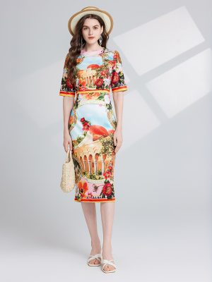 Women Spring and Autumn Printed Split A-Line Dress