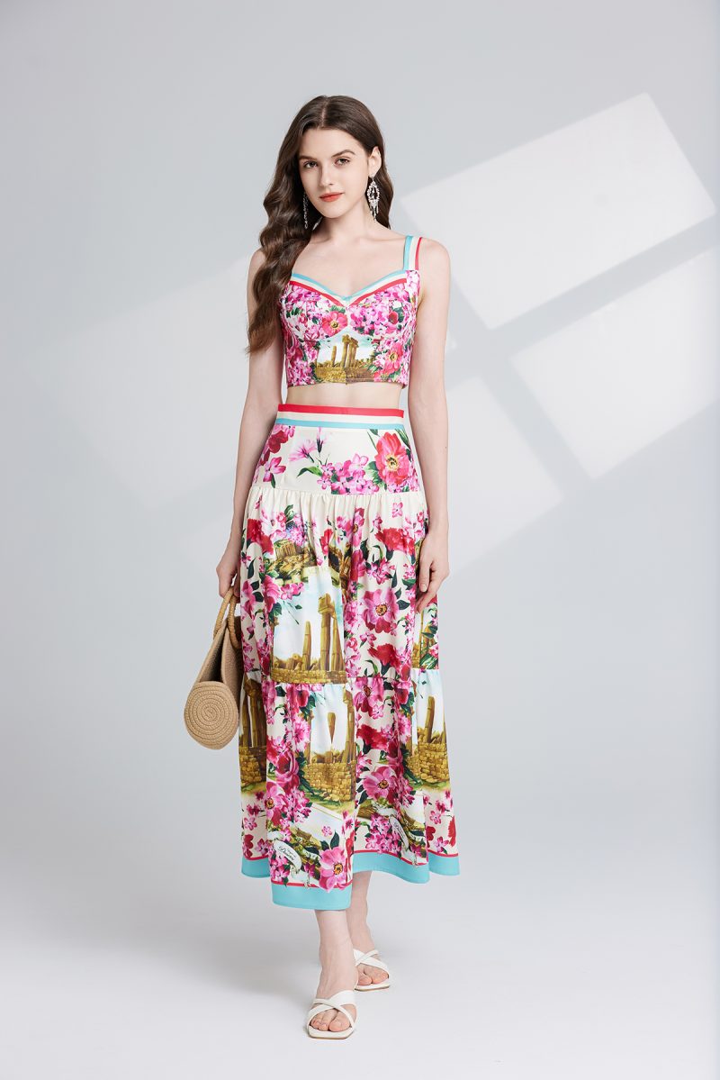 Women Strapless Halter High Waisted Skirt Two Piece Set