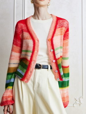 Spring and Autumn Rainbow Striped Cardigan Coat Sweater for Women