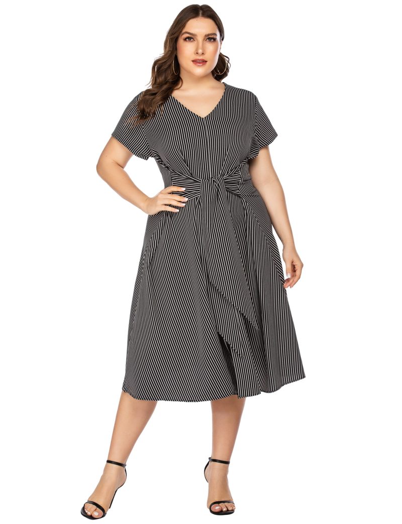 Plus Size Striped Printed Casual Maxi Dress with Lace-Up Detail - Image 4