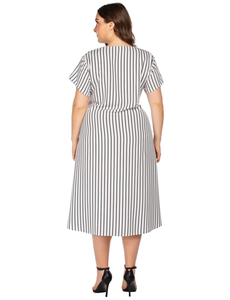 Plus Size Striped Printed Casual Maxi Dress with Lace-Up Detail - Image 3