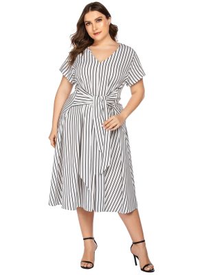 Plus Size Striped Printed Casual Maxi Dress with Lace-Up Detail