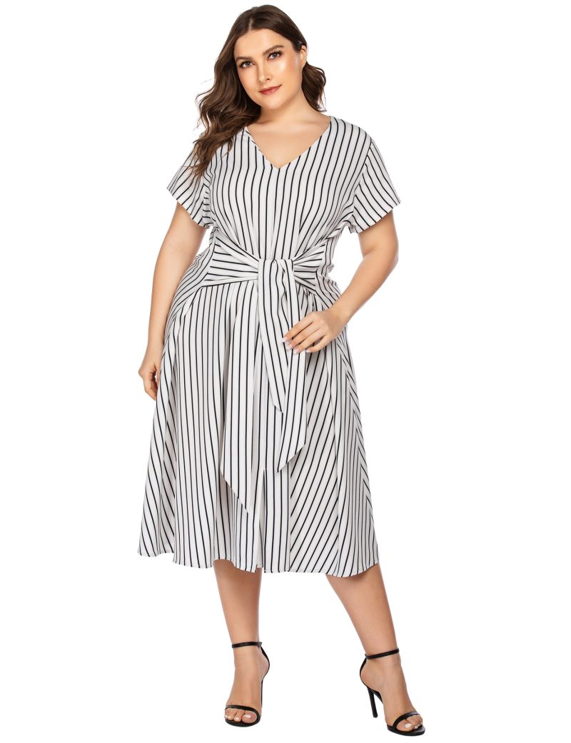 Plus Size Striped Printed Casual Maxi Dress with Lace-Up Detail