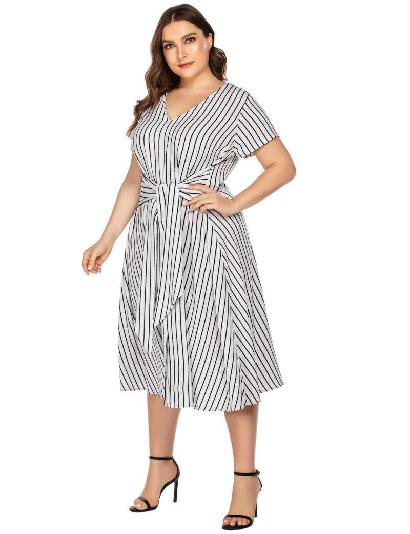 Plus Size Striped Printed Casual Maxi Dress with Lace-Up Detail - Image 2