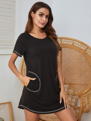 Spring Summer Short Sleeved Round Neck Loose Pajamas with Pockets