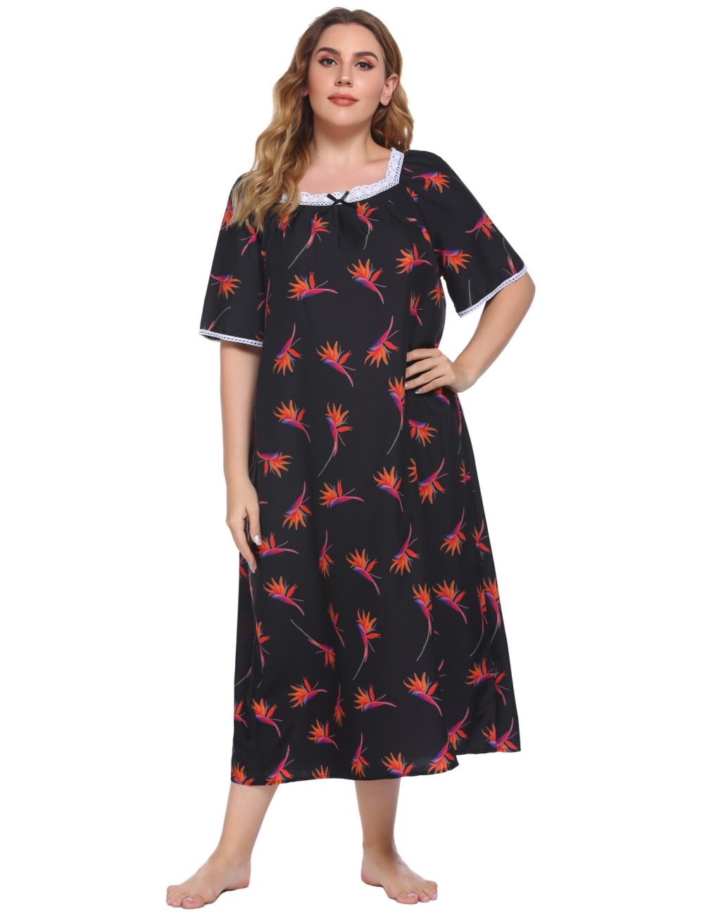 Plus Size Lace Stitching Short Sleeve Printed Nightdress for Women - Image 3