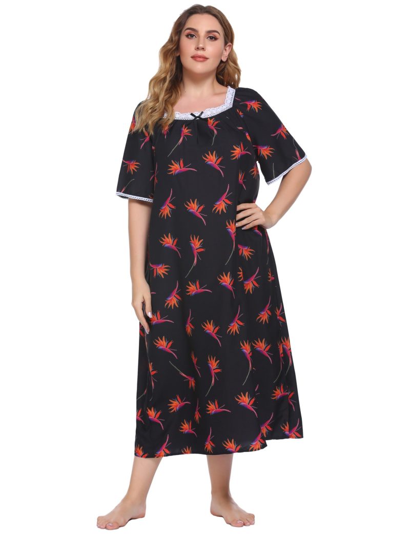 Plus Size Lace Stitching Short Sleeve Printed Nightdress for Women - Image 3