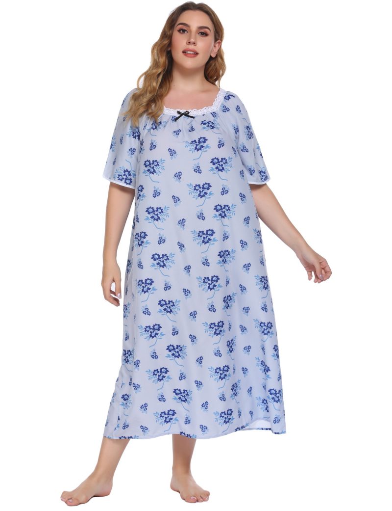 Plus Size Lace Stitching Short Sleeve Printed Nightdress for Women - Image 6